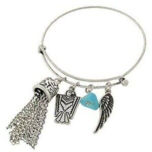 Silver Hook On Western Cowgirl Phoenix Angel Wing Turquoise Tassel Bracelet
